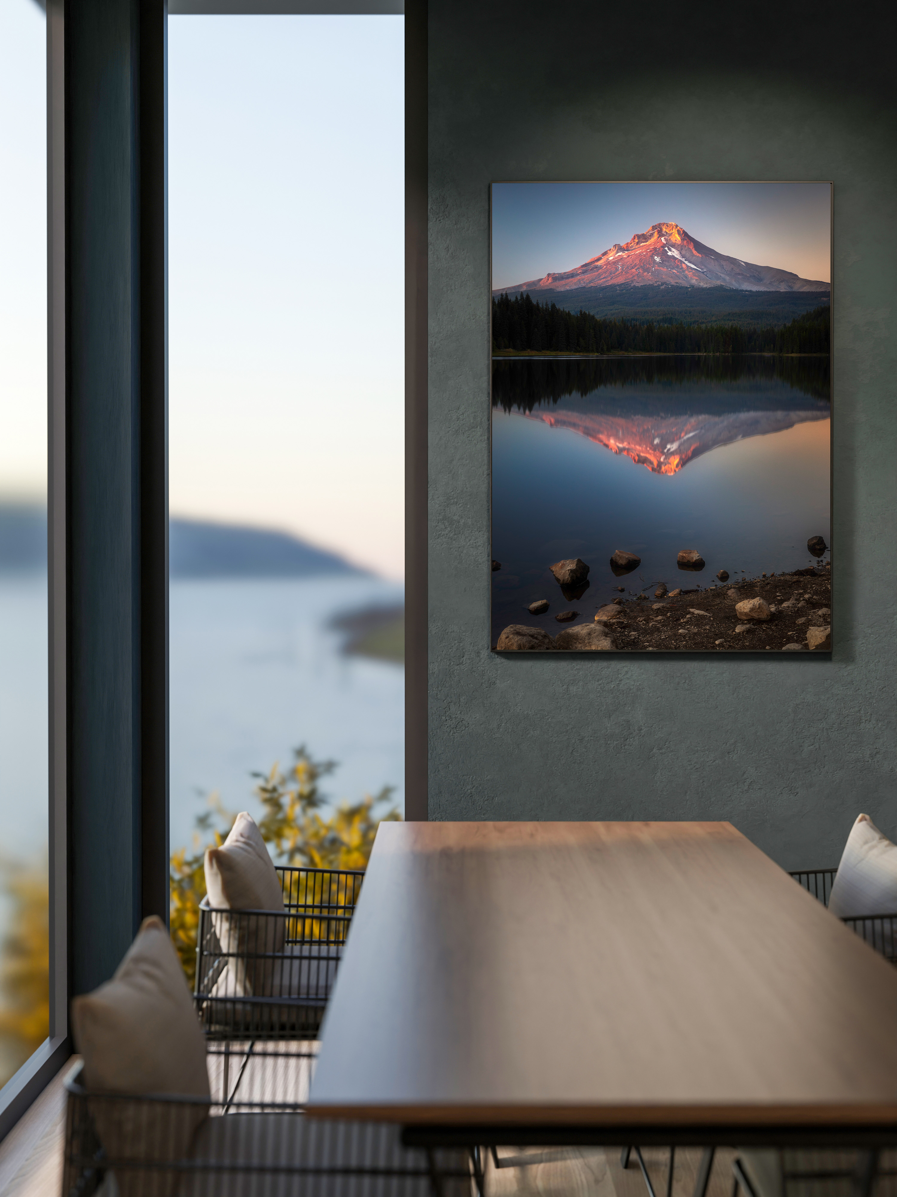 Mount Hood sunset reflection metal print in modern dining room by Dan Sproul
